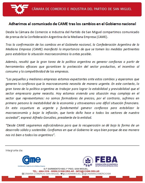 Adherimos al comunicado de CAME tras los cambios en el Gobierno nacional
