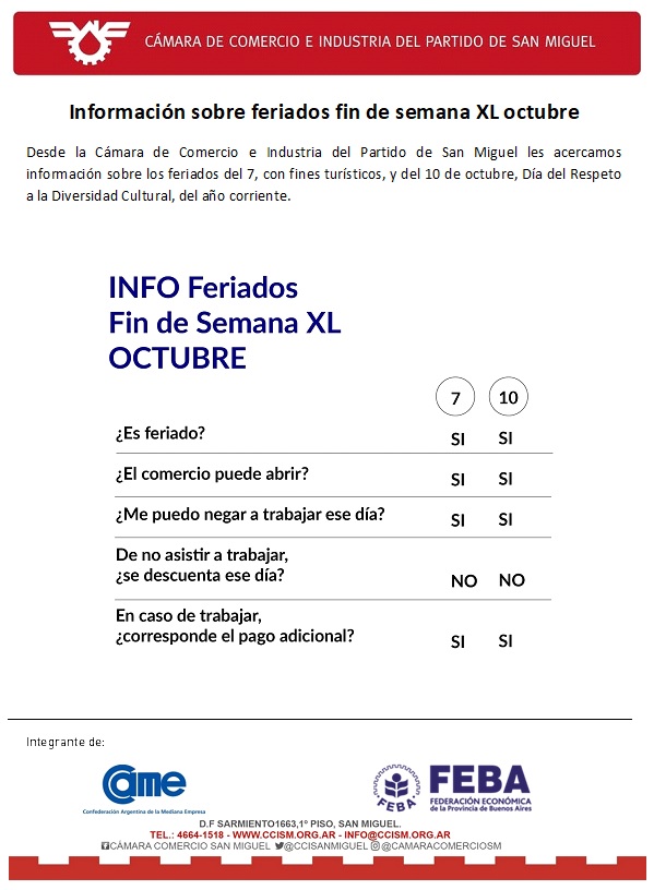 Información sobre feriados fin de semana XL octubre