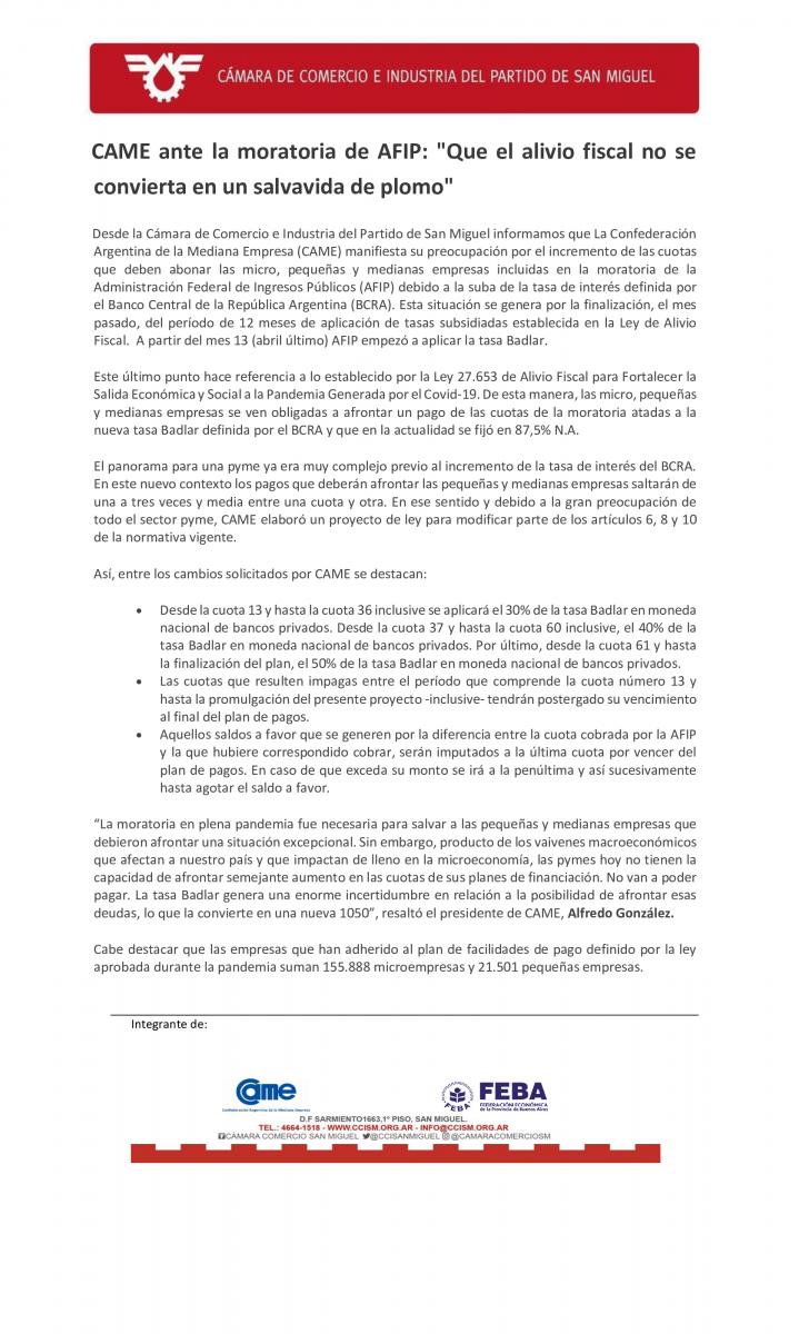 CAME ante la moratoria de AFIP