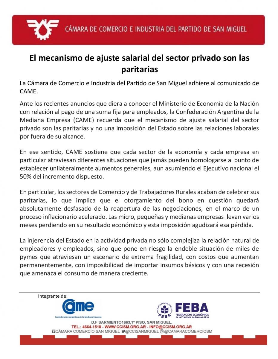 El mecanismo de ajuste salarial del sector privado son las paritarias