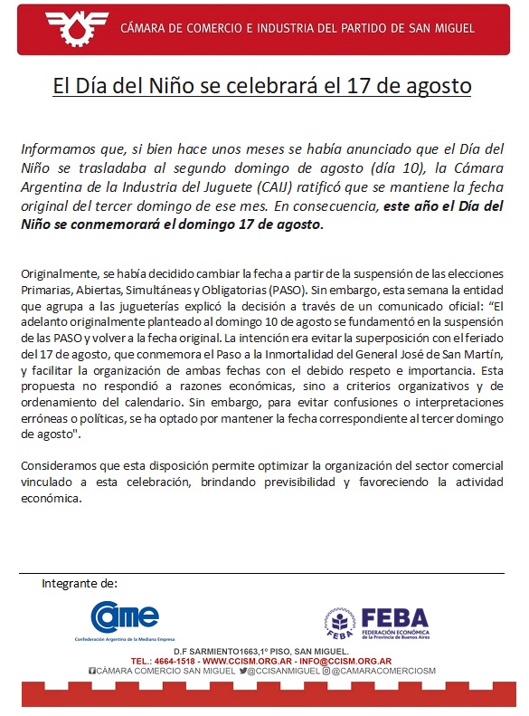 El Día del Niño se celebrará el 17 de agosto