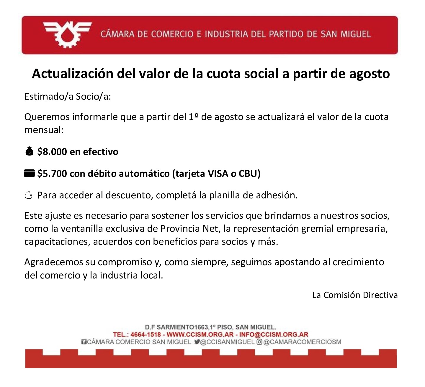 Actualización del valor de la cuota social a partir de agosto