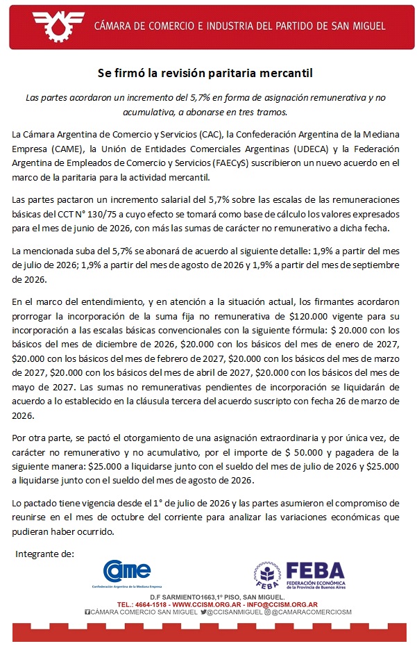 Se firmó la revisión paritaria mercantil